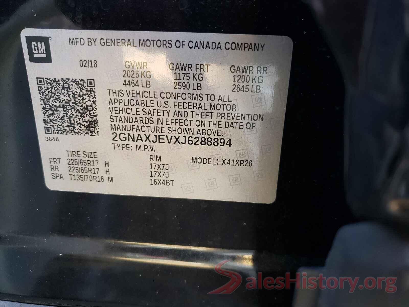 2GNAXJEVXJ6288894 2018 CHEVROLET EQUINOX