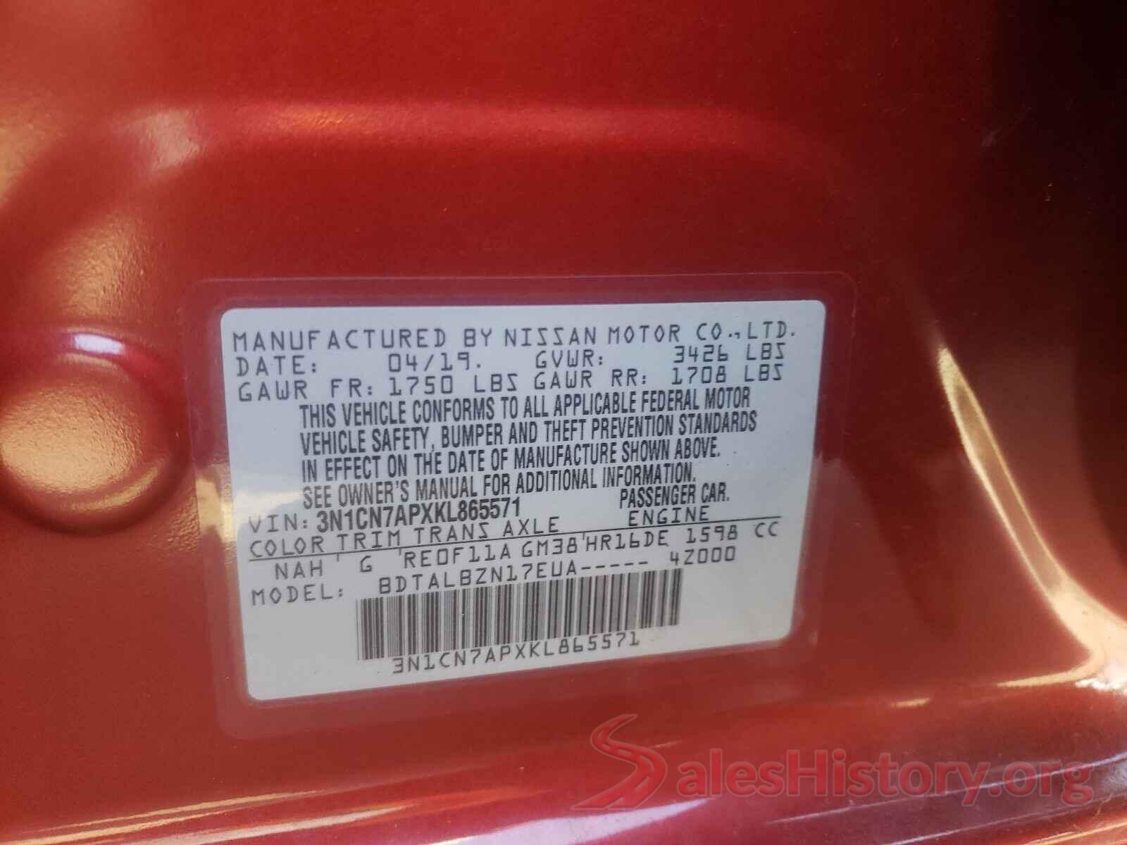 3N1CN7APXKL865571 2019 NISSAN VERSA