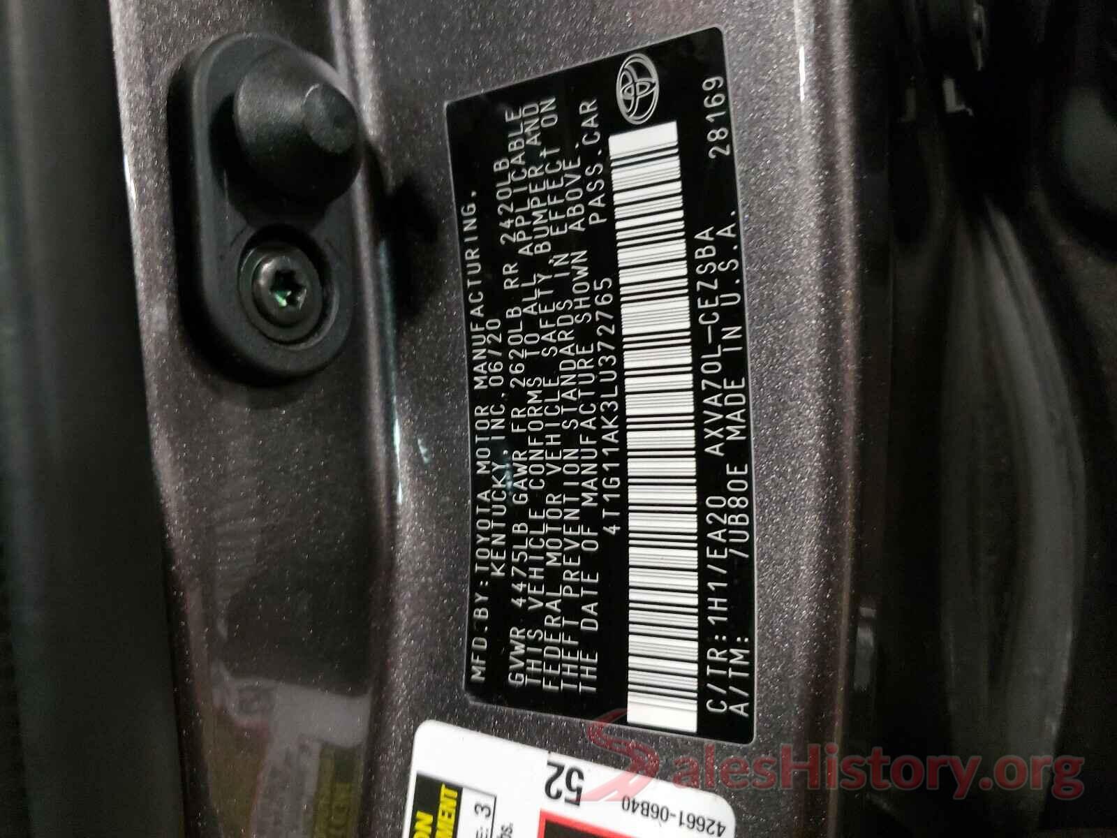 4T1G11AK3LU372765 2020 TOYOTA CAMRY