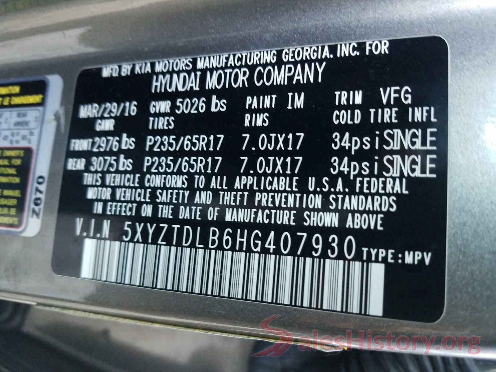 5XYZTDLB6HG407930 2017 HYUNDAI SANTA FE