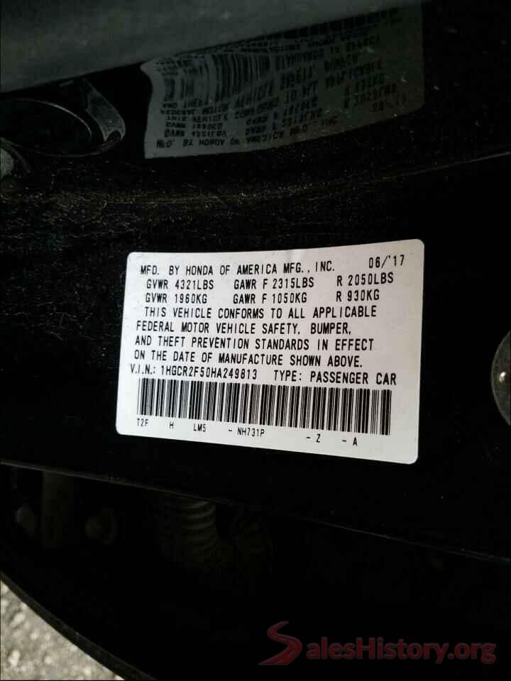 1HGCR2F50HA249813 2017 HONDA ACCORD