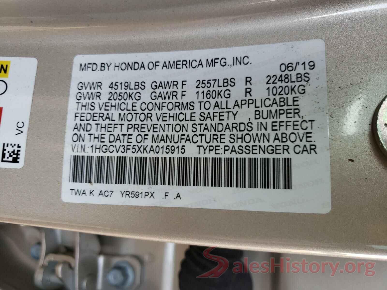 1HGCV3F5XKA015915 2019 HONDA ACCORD