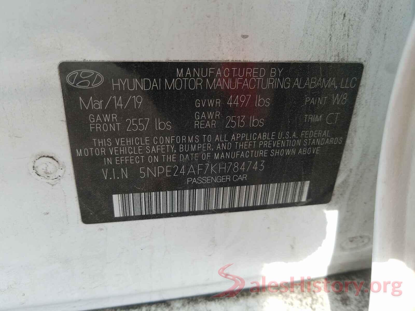 5NPE24AF7KH784743 2019 HYUNDAI SONATA