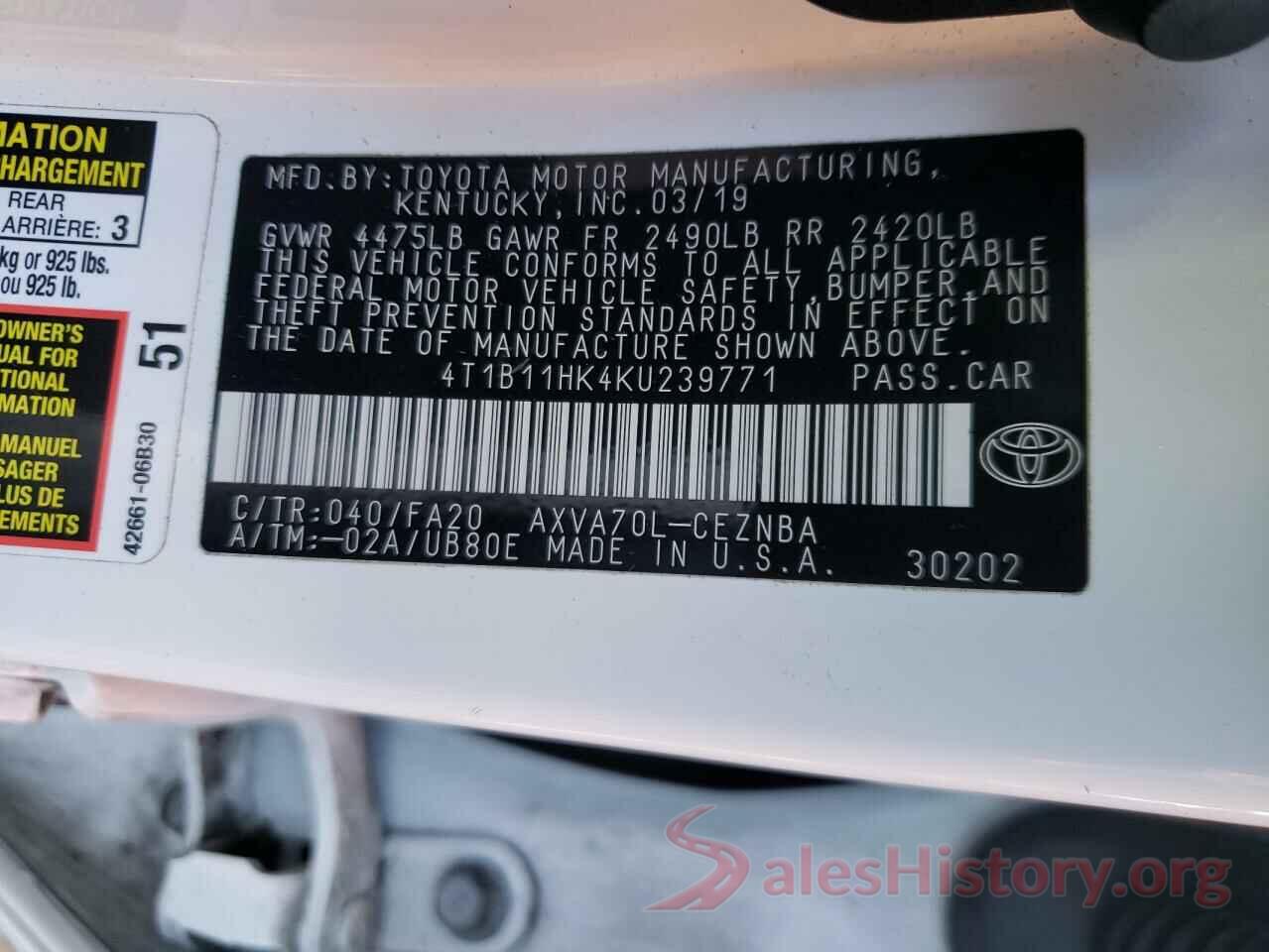 4T1B11HK4KU239771 2019 TOYOTA CAMRY