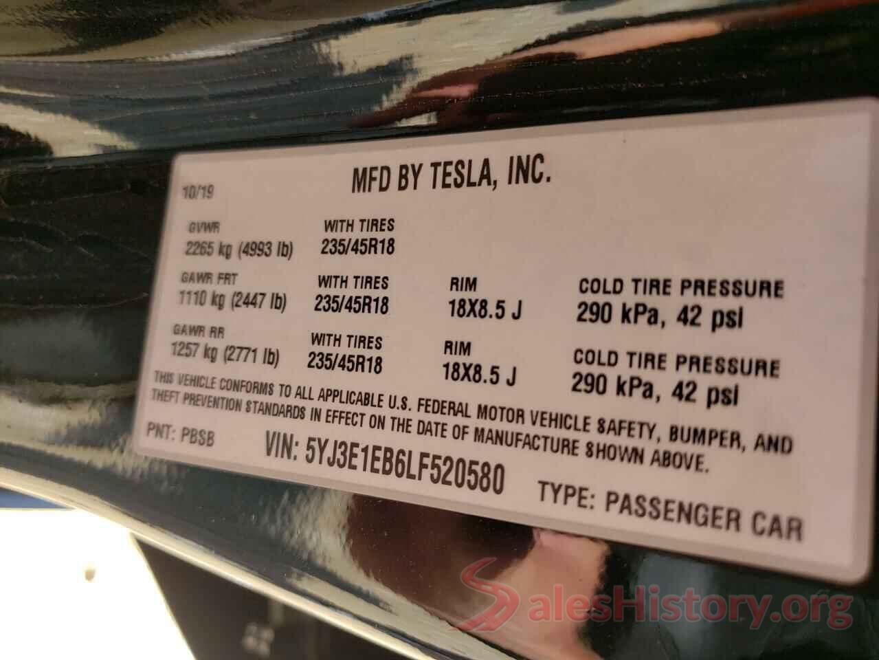 5YJ3E1EB6LF520580 2020 TESLA MODEL 3