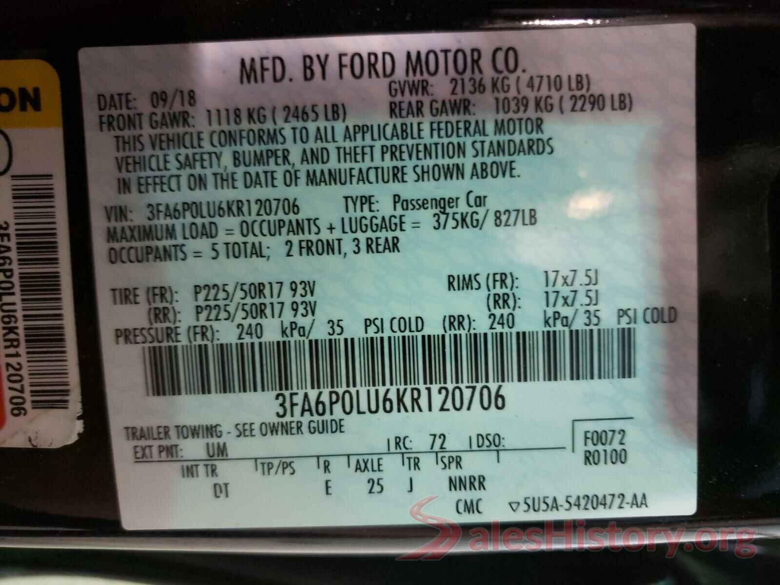 3FA6P0LU6KR120706 2019 FORD FUSION