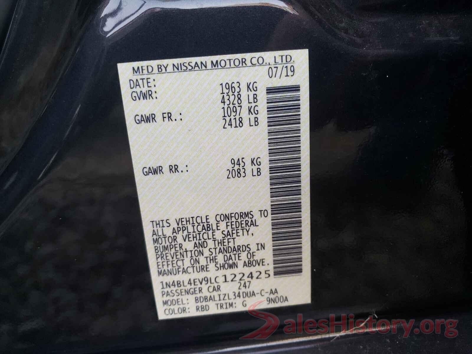 1N4BL4EV9LC122425 2020 NISSAN ALTIMA