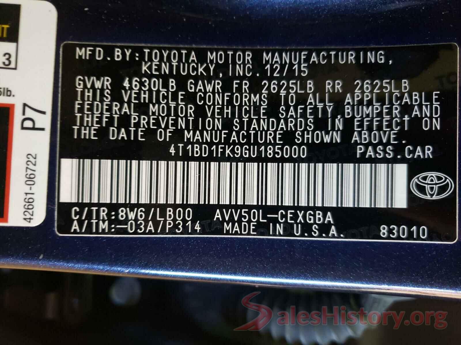 4T1BD1FK9GU185000 2016 TOYOTA CAMRY