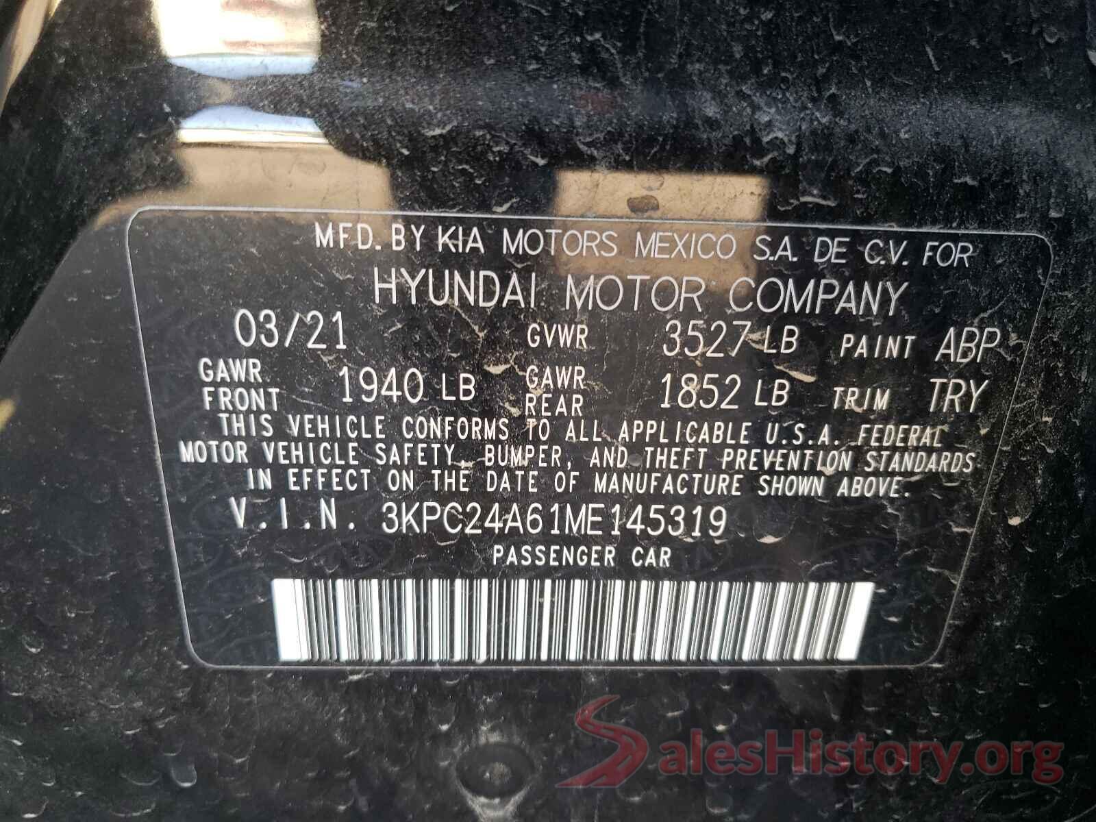 3KPC24A61ME145319 2021 HYUNDAI ACCENT