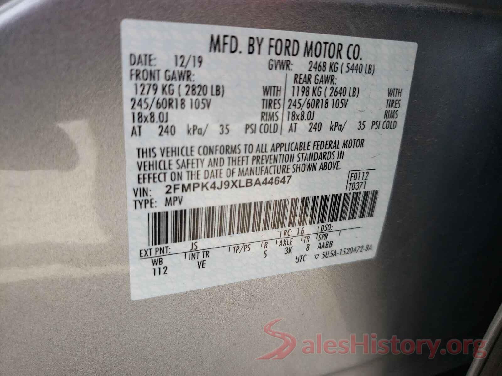 2FMPK4J9XLBA44647 2020 FORD EDGE