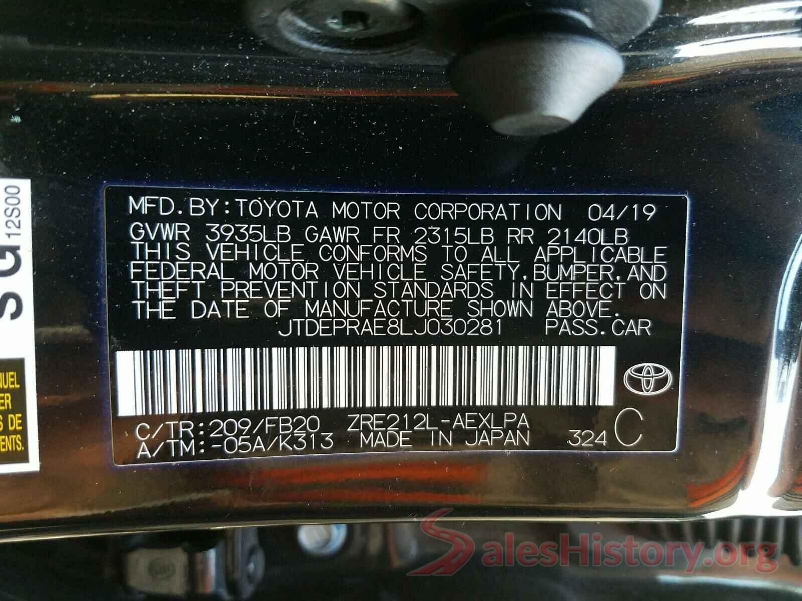 JTDEPRAE8LJ030281 2020 TOYOTA COROLLA