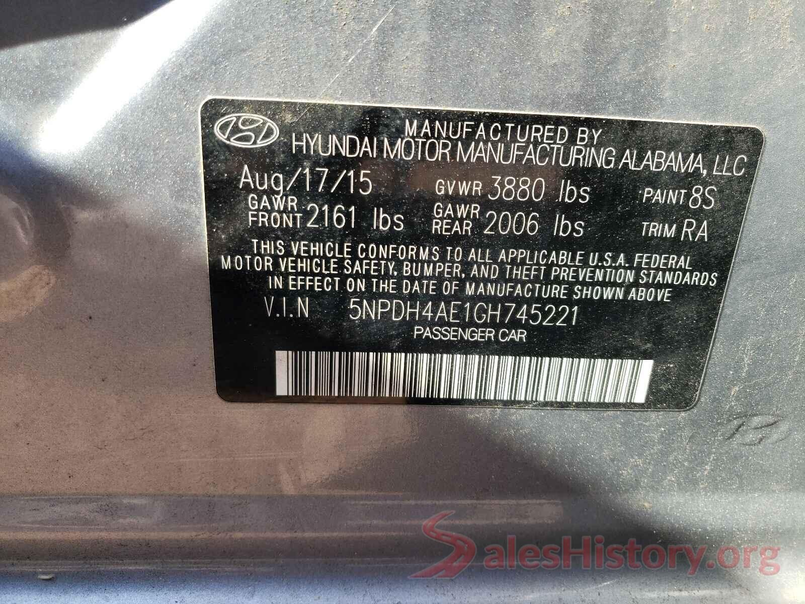 5NPDH4AE1GH745221 2016 HYUNDAI ELANTRA