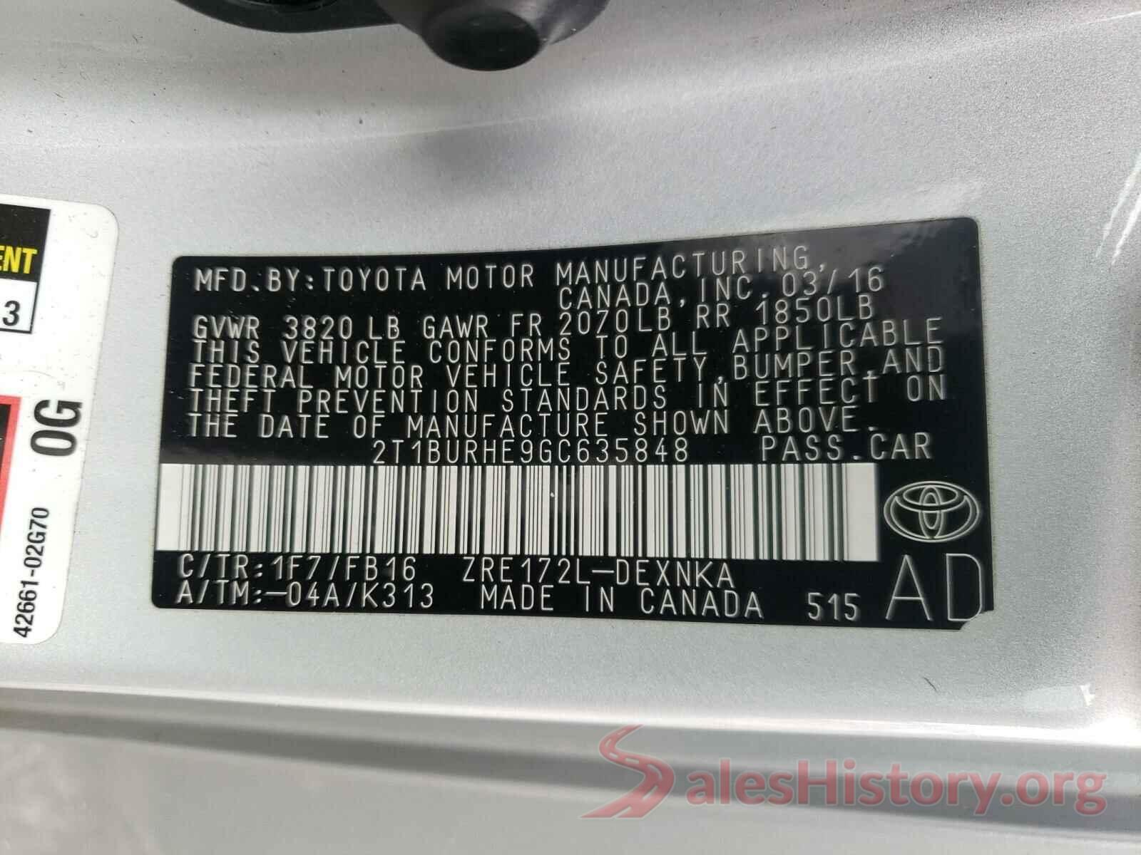 2T1BURHE9GC635848 2016 TOYOTA COROLLA