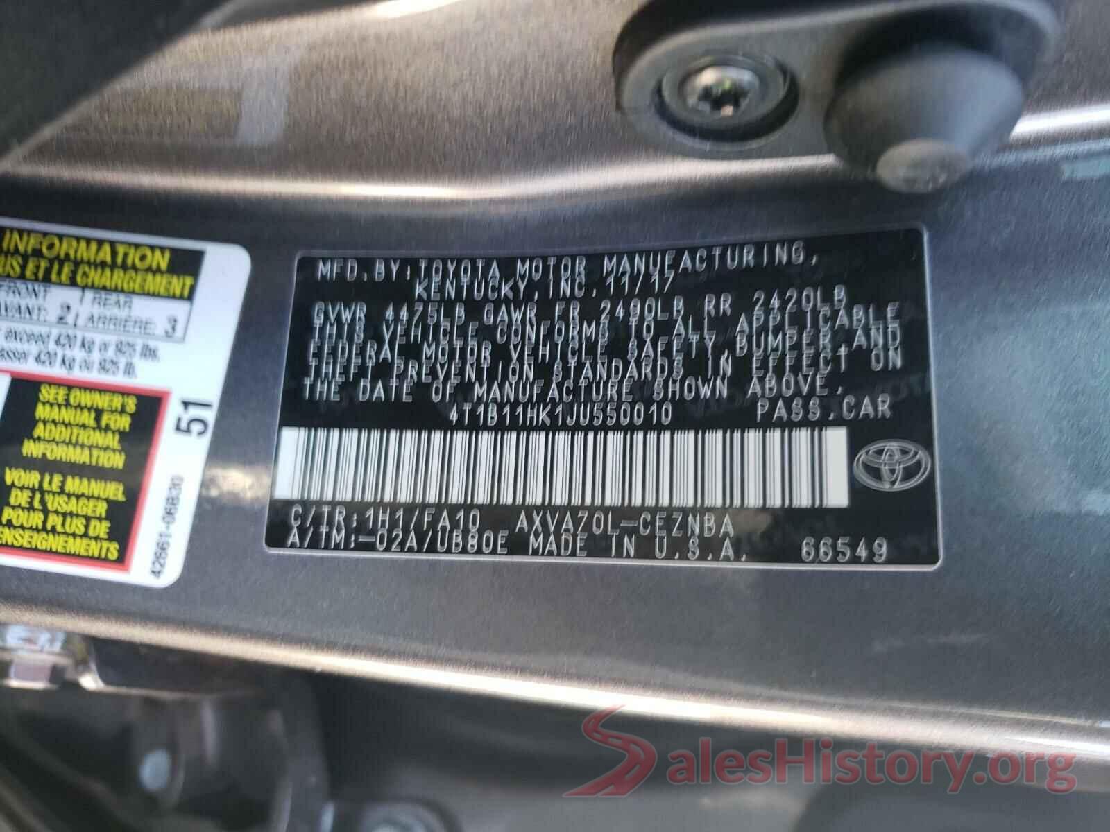 4T1B11HK1JU550010 2018 TOYOTA CAMRY