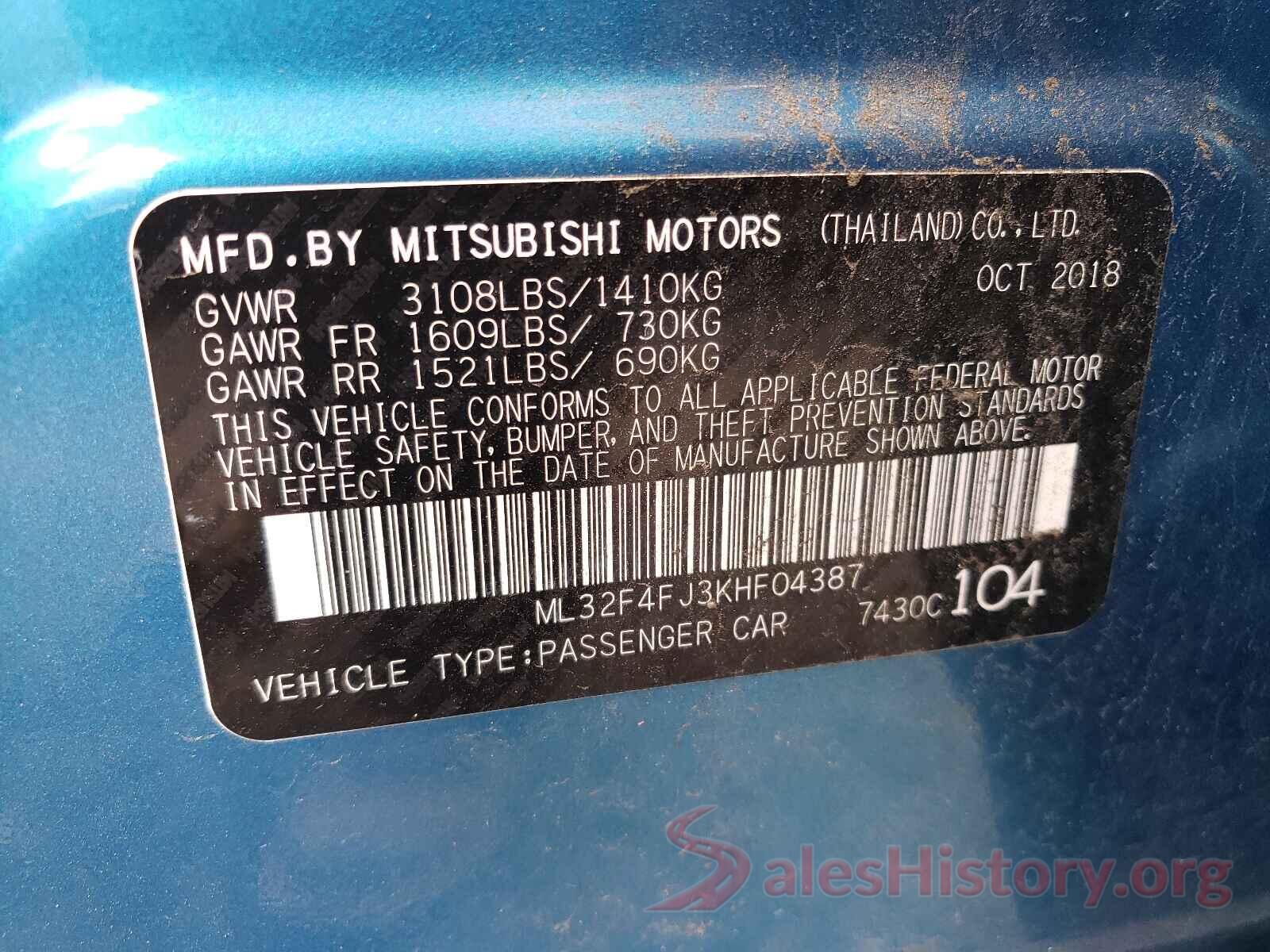 ML32F4FJ3KHF04387 2019 MITSUBISHI MIRAGE