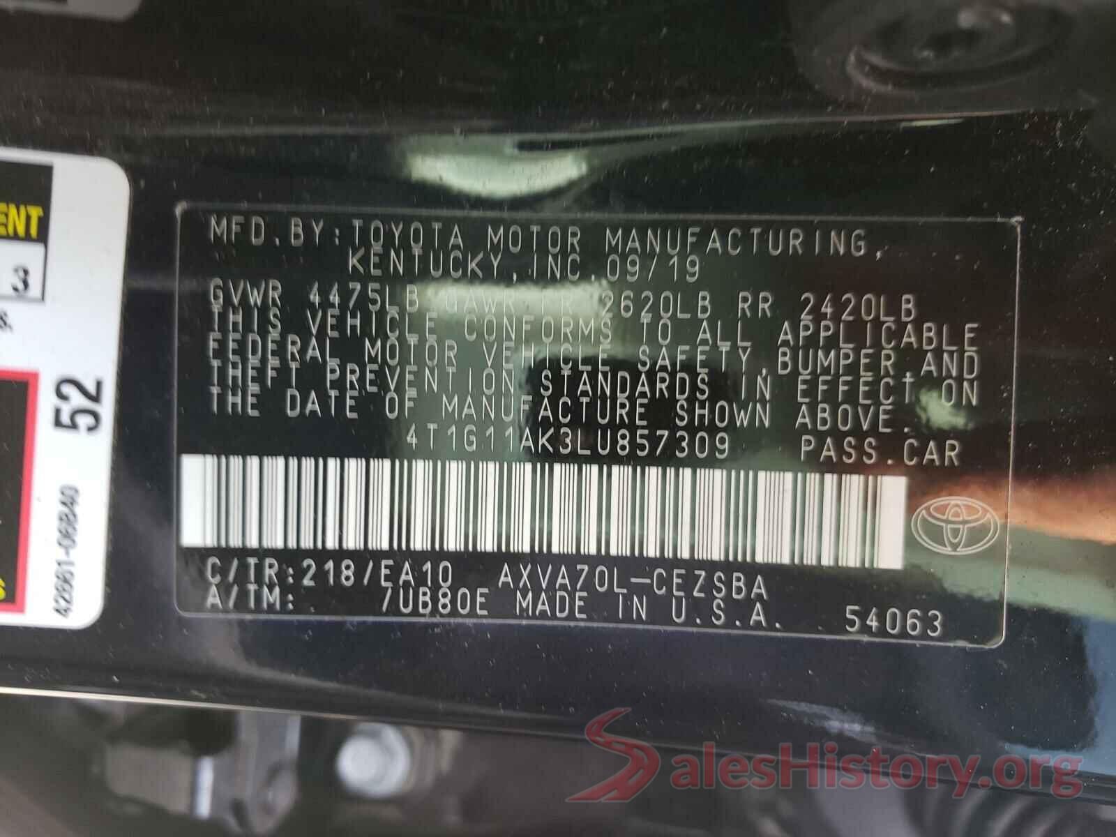 4T1G11AK3LU857309 2020 TOYOTA CAMRY