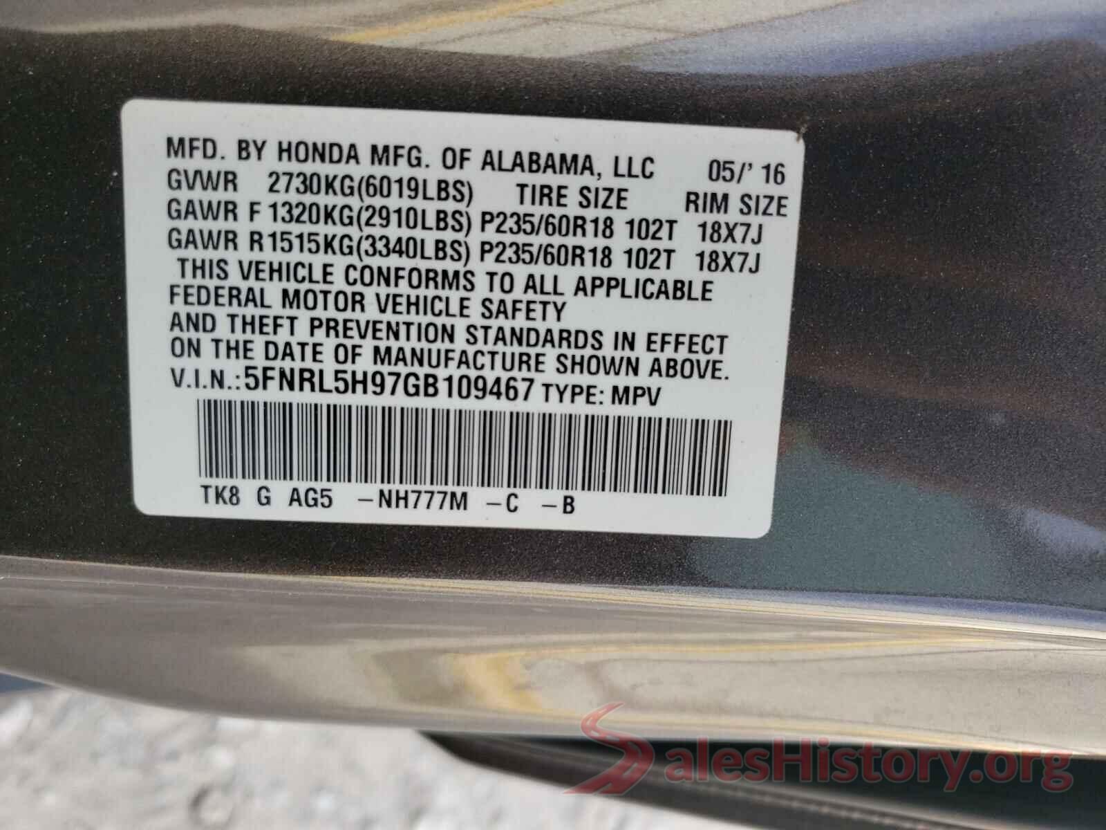 5FNRL5H97GB109467 2016 HONDA ODYSSEY