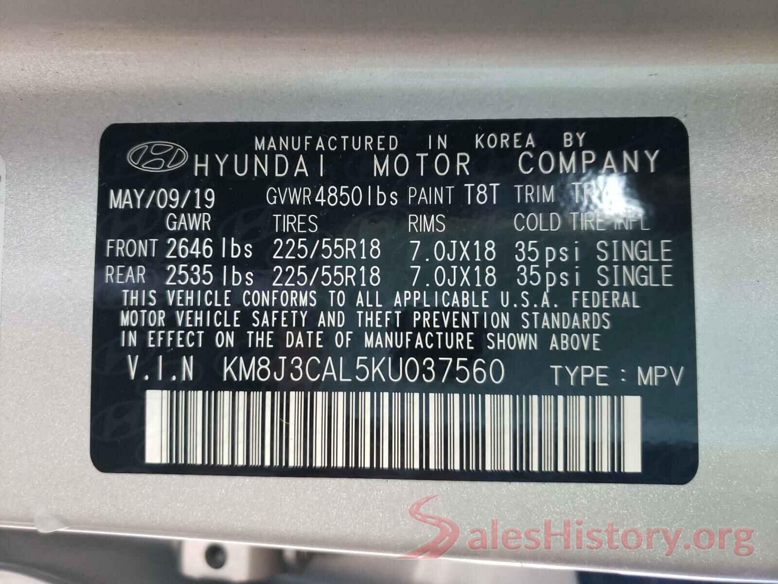 KM8J3CAL5KU037560 2019 HYUNDAI TUCSON