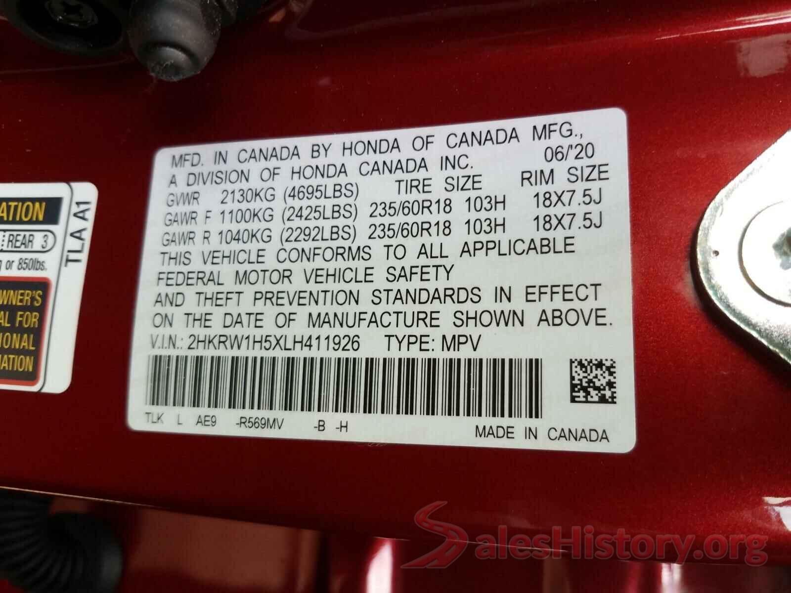 2HKRW1H5XLH411926 2020 HONDA CRV