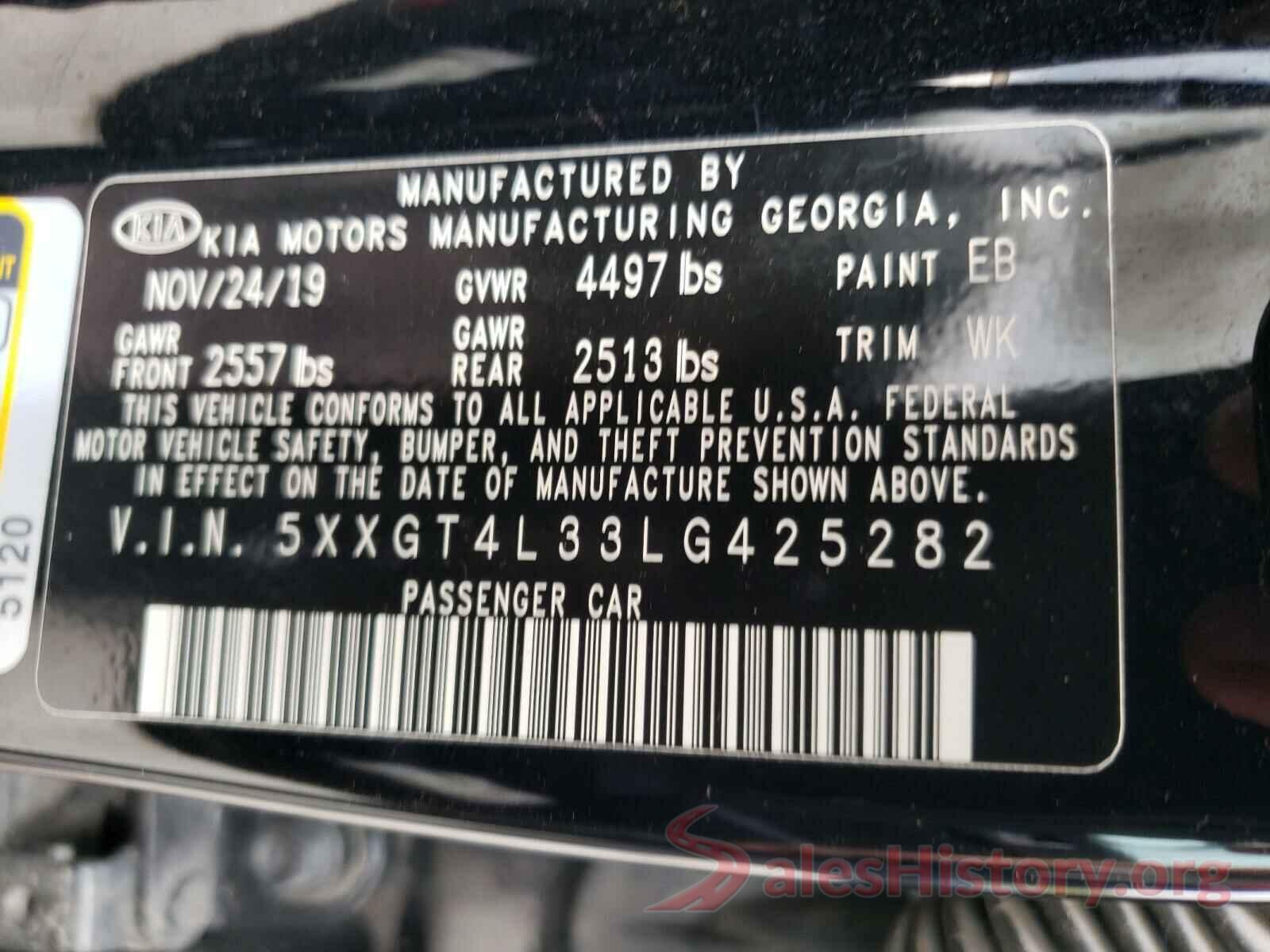 5XXGT4L33LG425282 2020 KIA OPTIMA