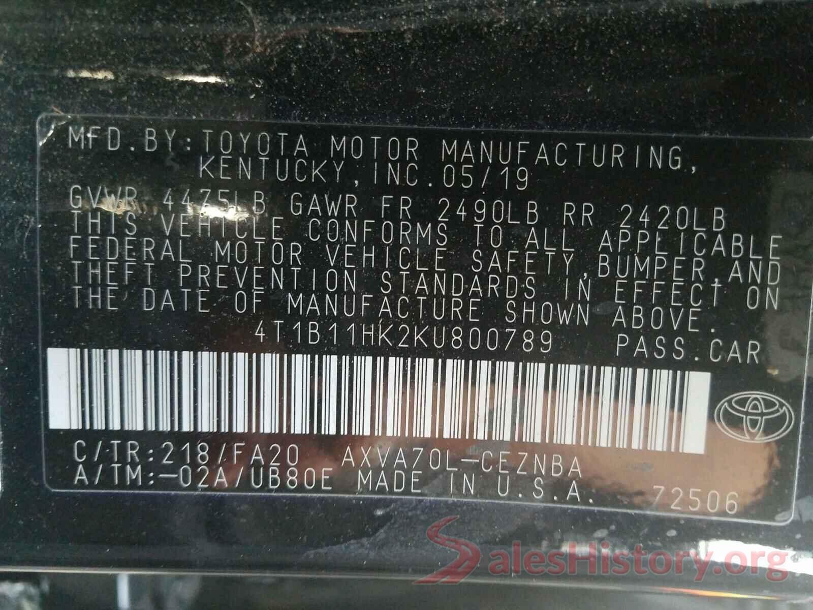 4T1B11HK2KU800789 2019 TOYOTA CAMRY