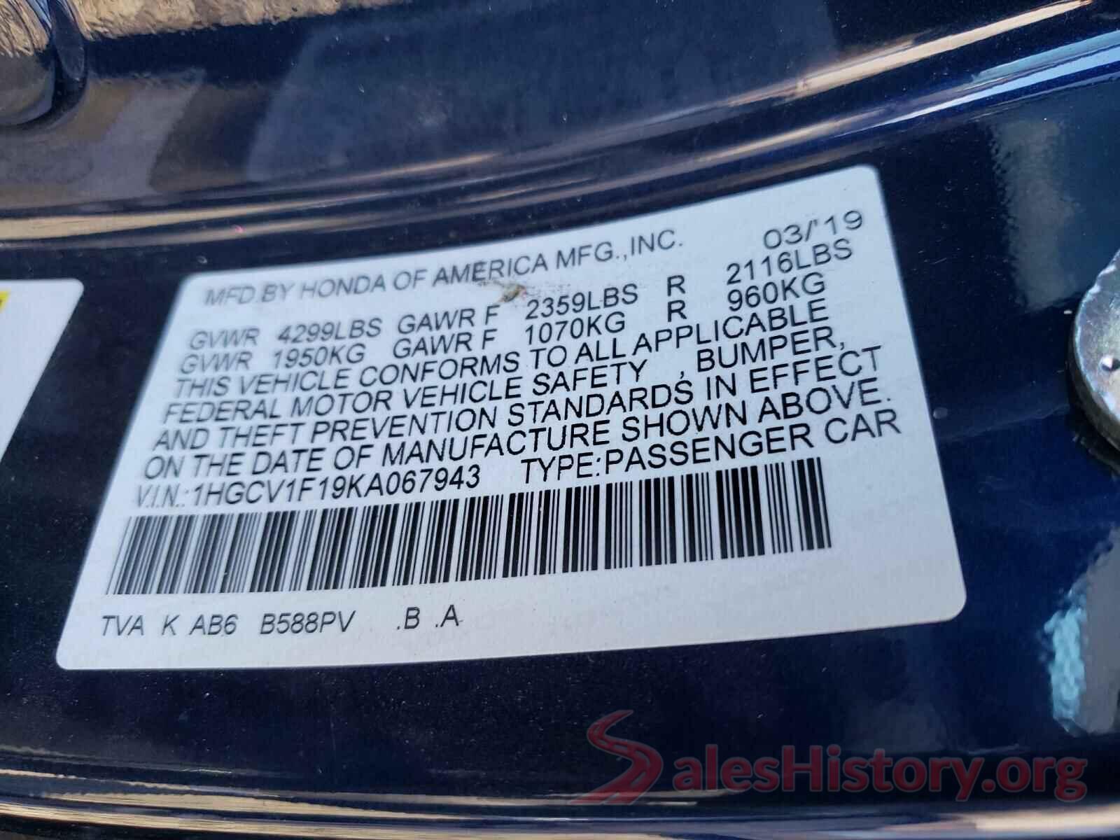 1HGCV1F19KA067943 2019 HONDA ACCORD