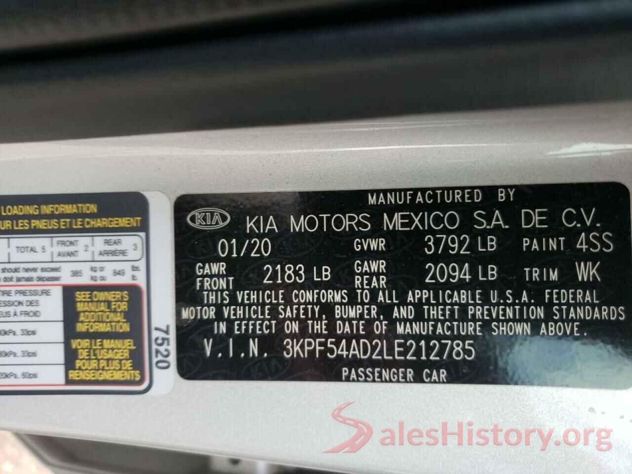 3KPF54AD2LE212785 2020 KIA FORTE