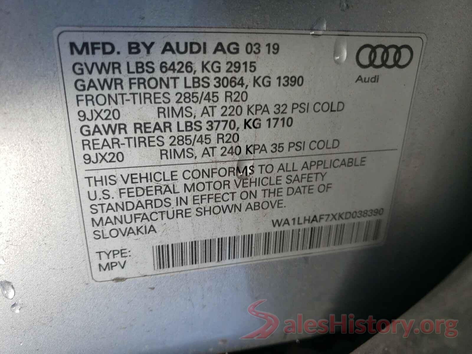 WA1LHAF7XKD038390 2019 AUDI Q7