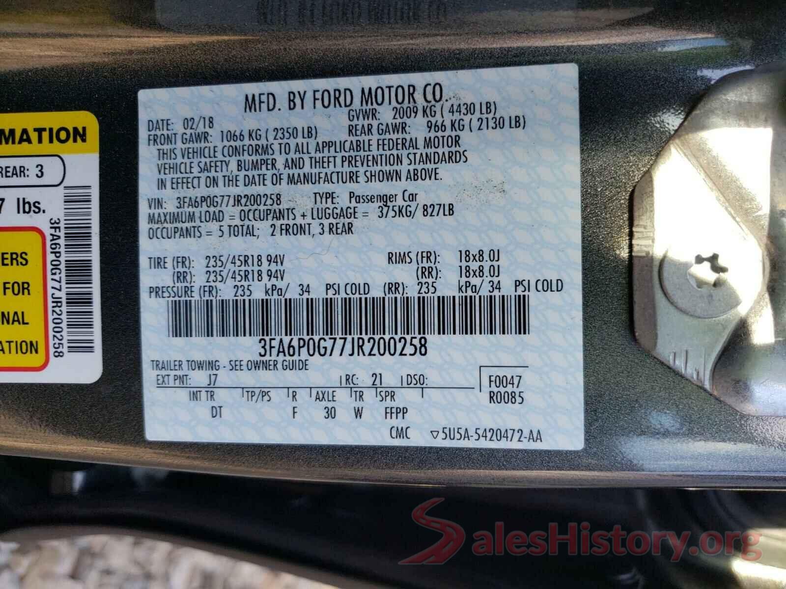 3FA6P0G77JR200258 2018 FORD FUSION