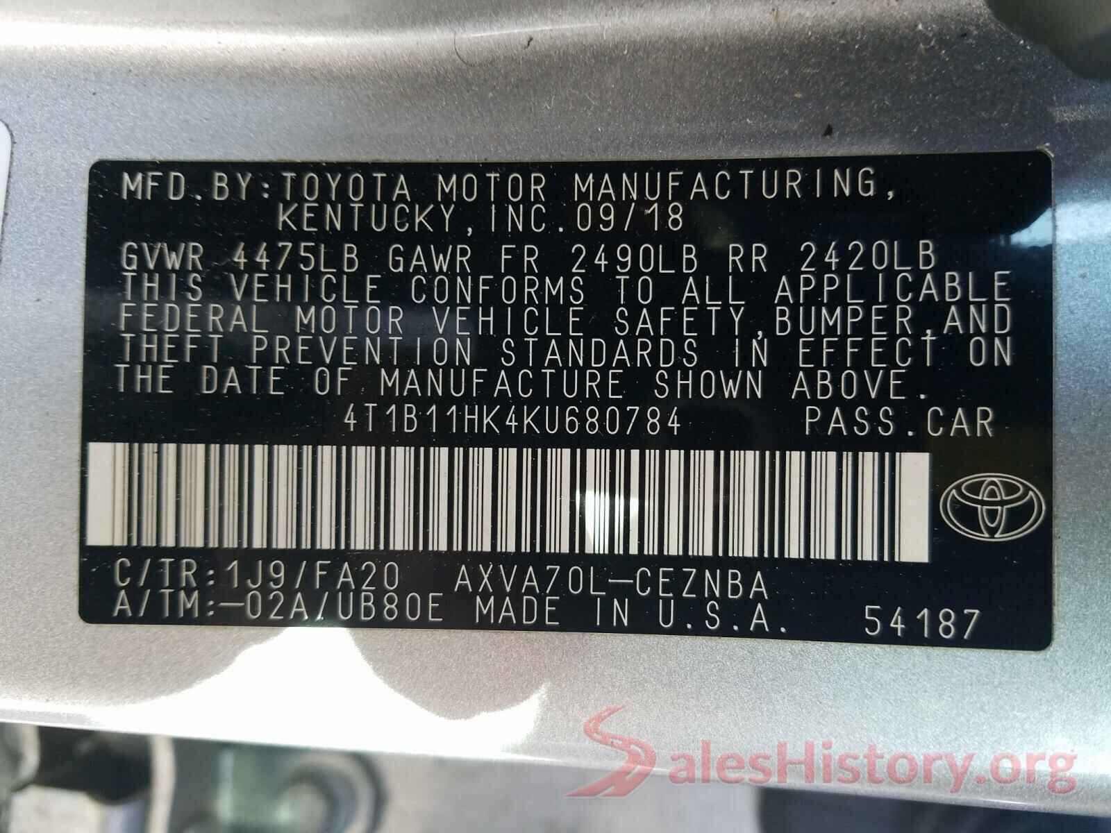 4T1B11HK4KU680784 2019 TOYOTA CAMRY