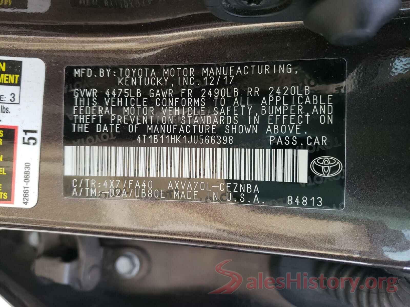 4T1B11HK1JU566398 2018 TOYOTA CAMRY