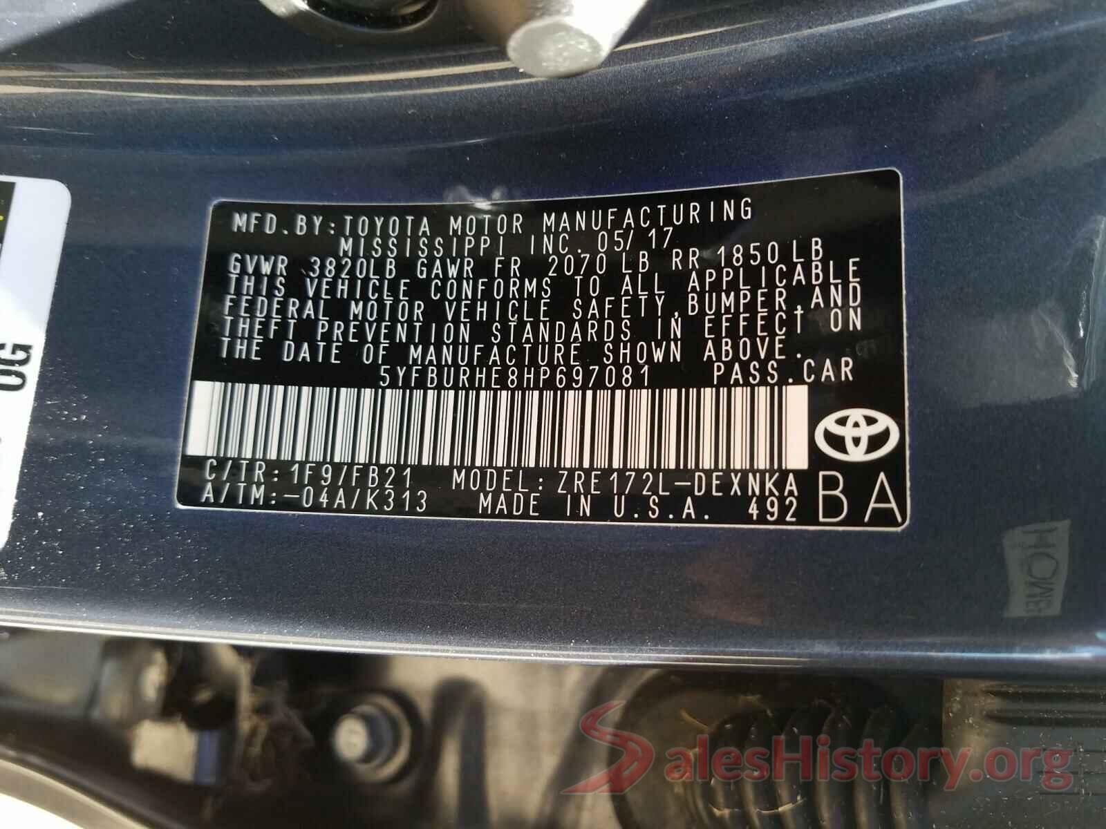 5YFBURHE8HP697081 2017 TOYOTA COROLLA