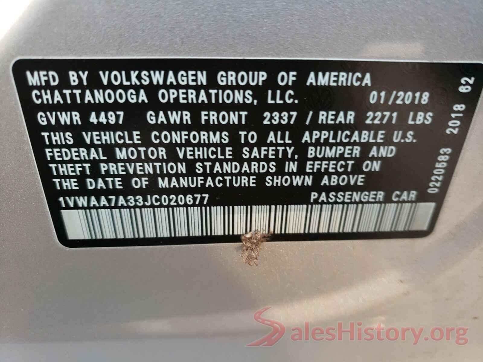 1VWAA7A33JC020677 2018 VOLKSWAGEN PASSAT