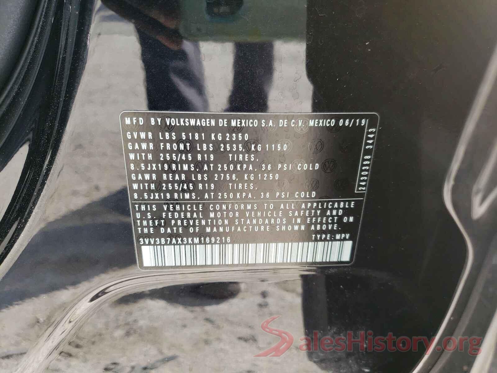 3VV3B7AX3KM169216 2019 VOLKSWAGEN TIGUAN