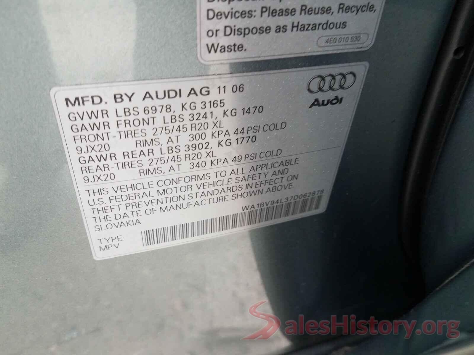 WA1BV94L37D062878 2007 AUDI Q7