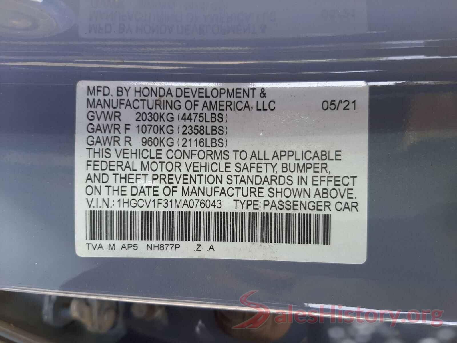 1HGCV1F31MA076043 2021 HONDA ACCORD