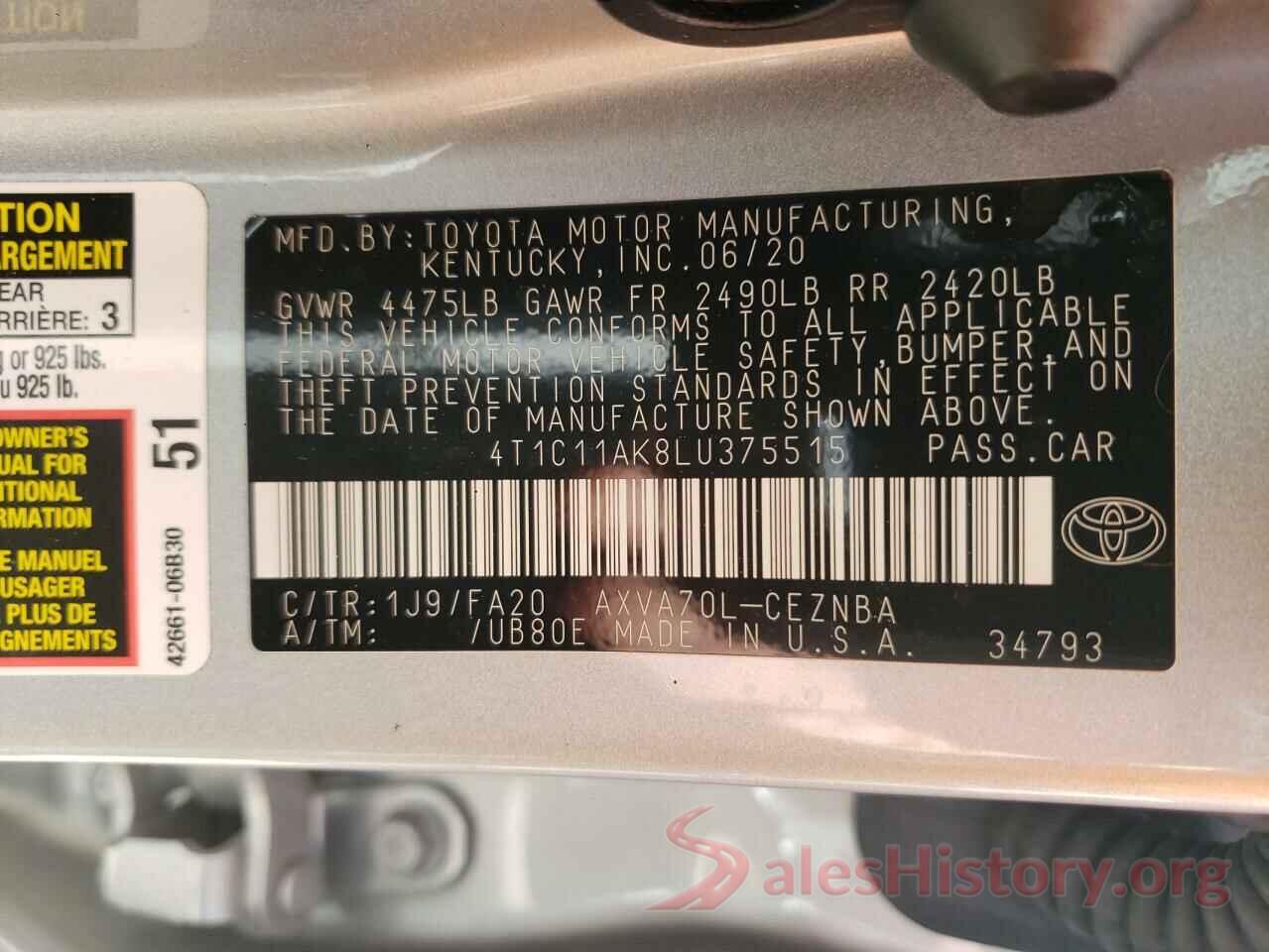 4T1C11AK8LU375515 2020 TOYOTA CAMRY