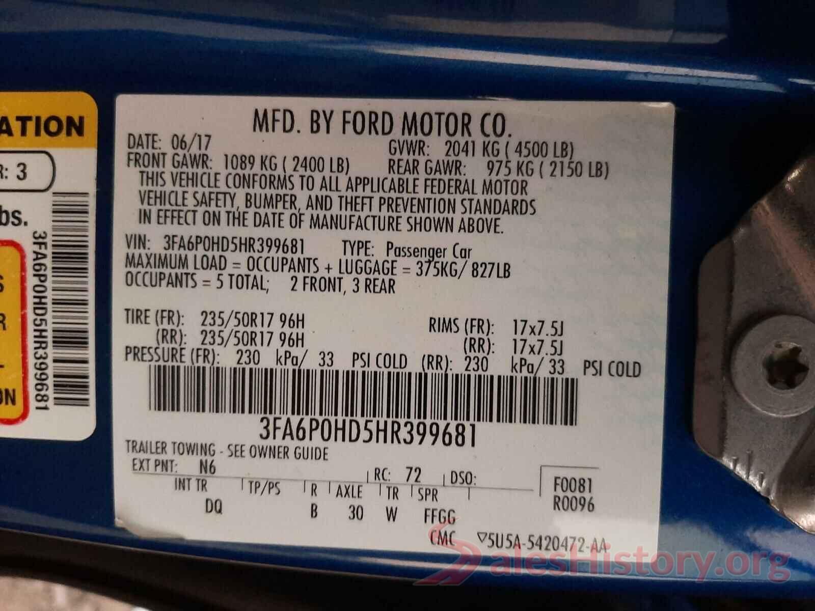 3FA6P0HD5HR399681 2017 FORD FUSION