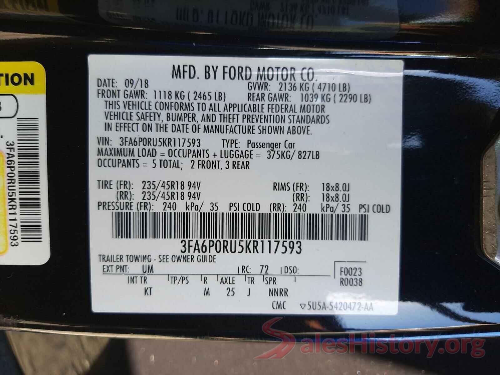 3FA6P0RU5KR117593 2019 FORD FUSION