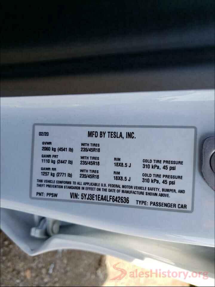 5YJ3E1EA4LF642636 2020 TESLA MODEL 3