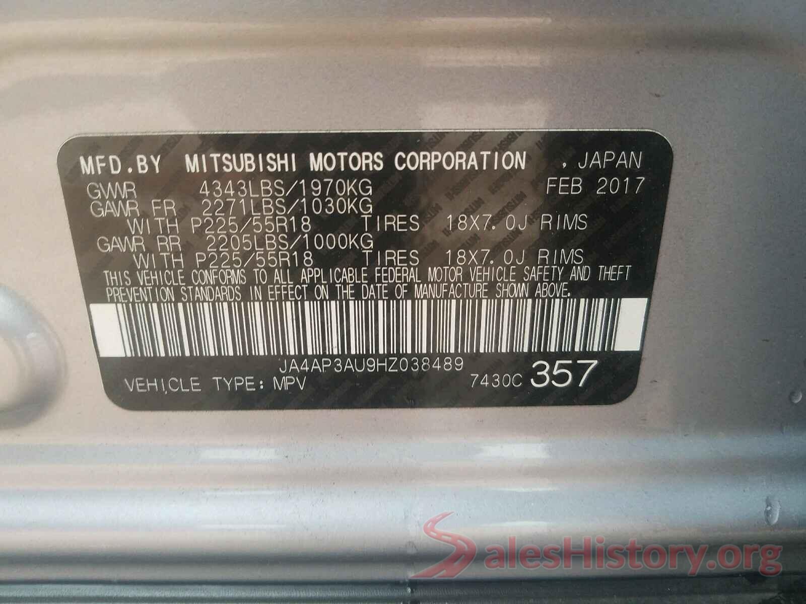 JA4AP3AU9HZ038489 2017 MITSUBISHI OUTLANDER