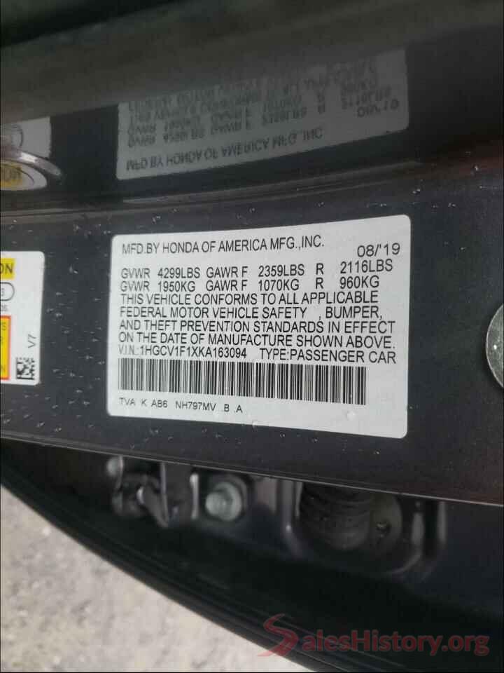 1HGCV1F1XKA163094 2019 HONDA ACCORD