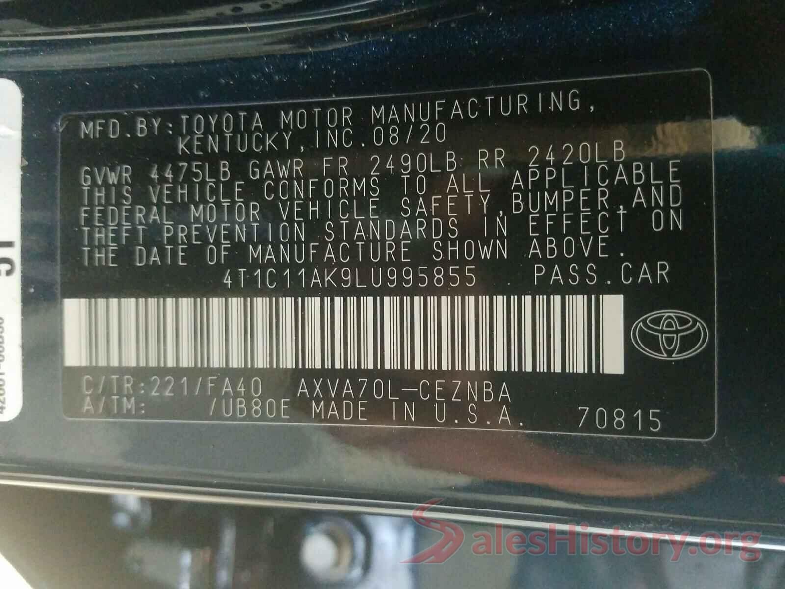 4T1C11AK9LU995855 2020 TOYOTA CAMRY