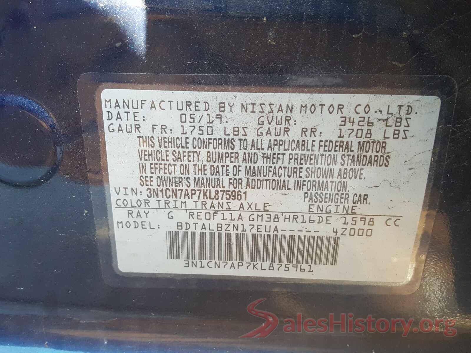 3N1CN7AP7KL875961 2019 NISSAN VERSA