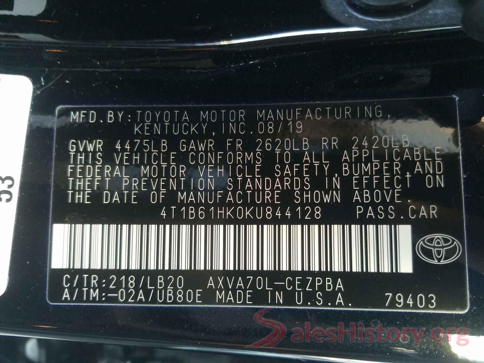 4T1B61HK0KU844128 2019 TOYOTA CAMRY