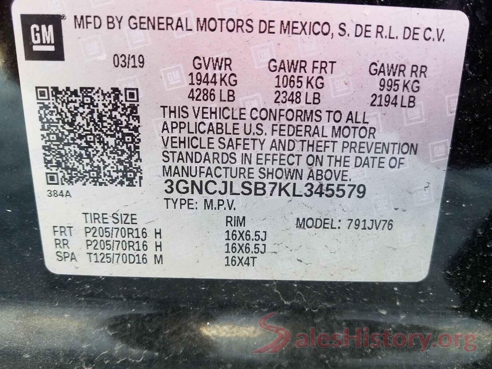 3GNCJLSB7KL345579 2019 CHEVROLET TRAX