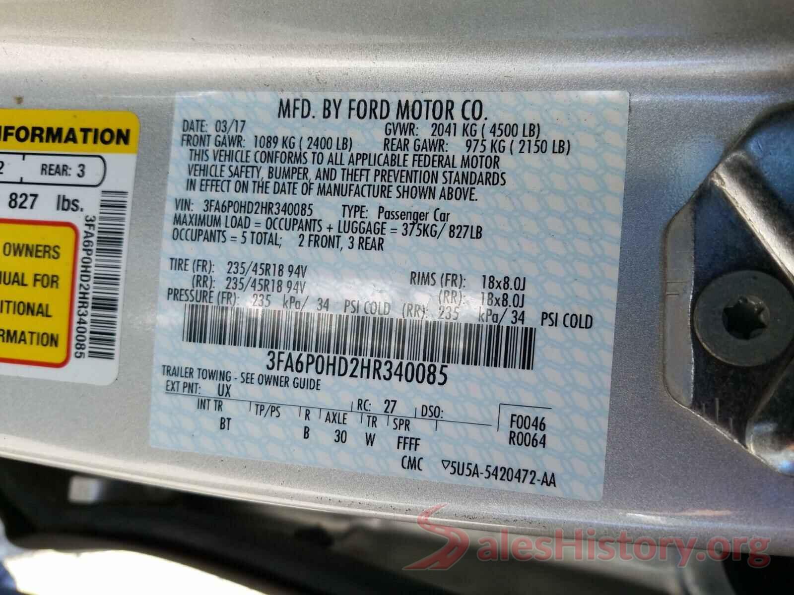 3FA6P0HD2HR340085 2017 FORD FUSION