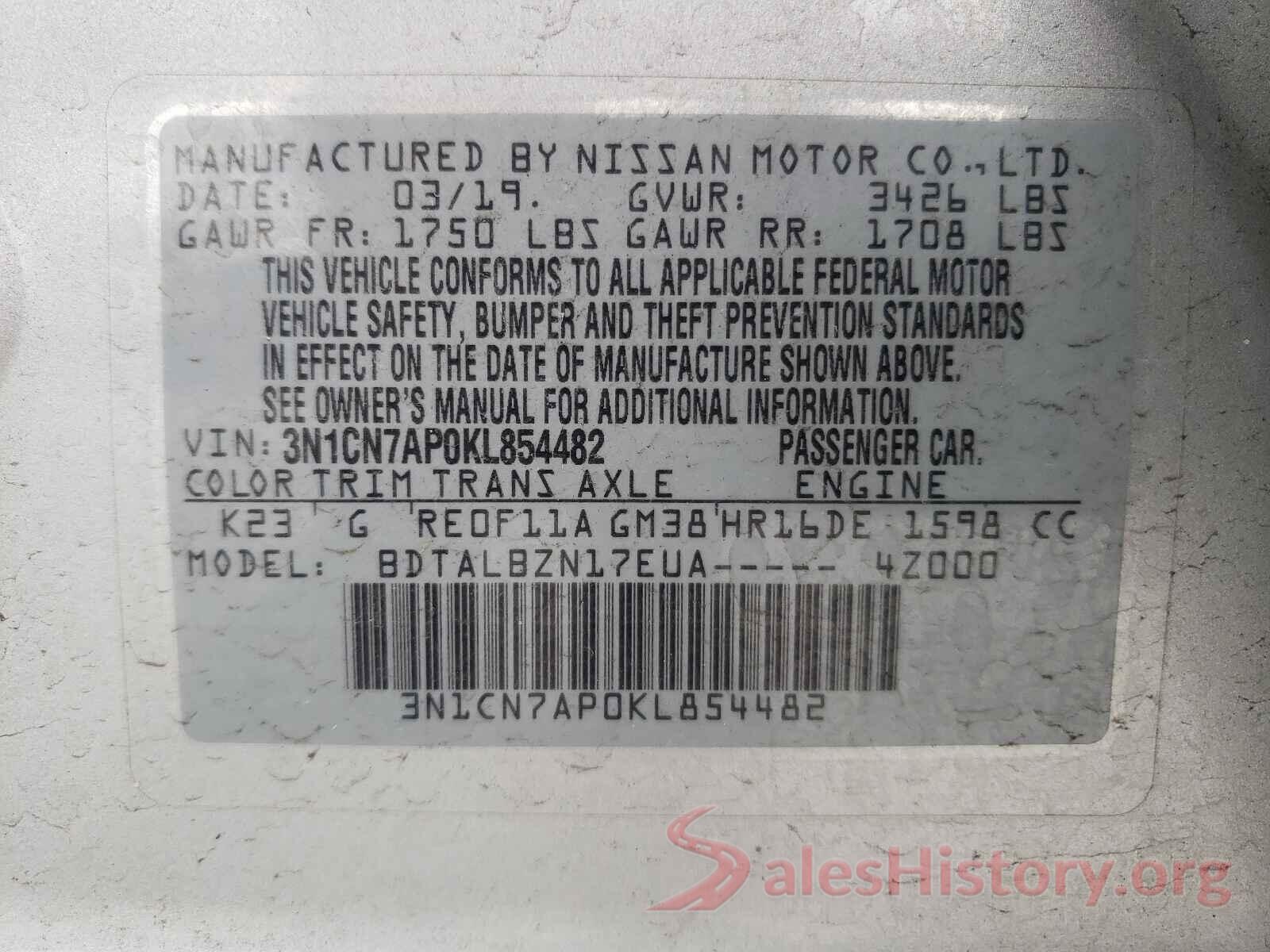 3N1CN7AP0KL854482 2019 NISSAN VERSA