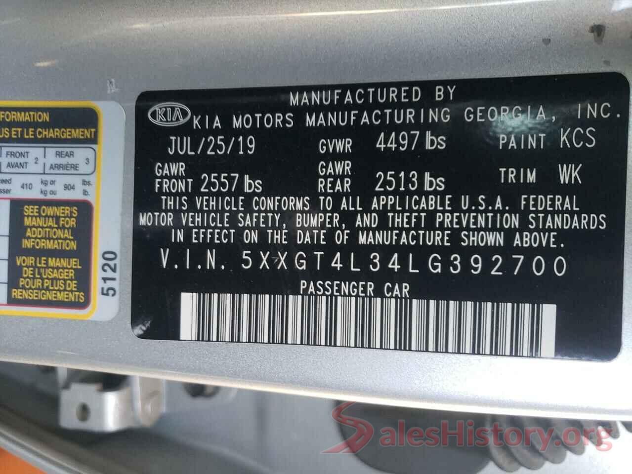 5XXGT4L34LG392700 2020 KIA OPTIMA