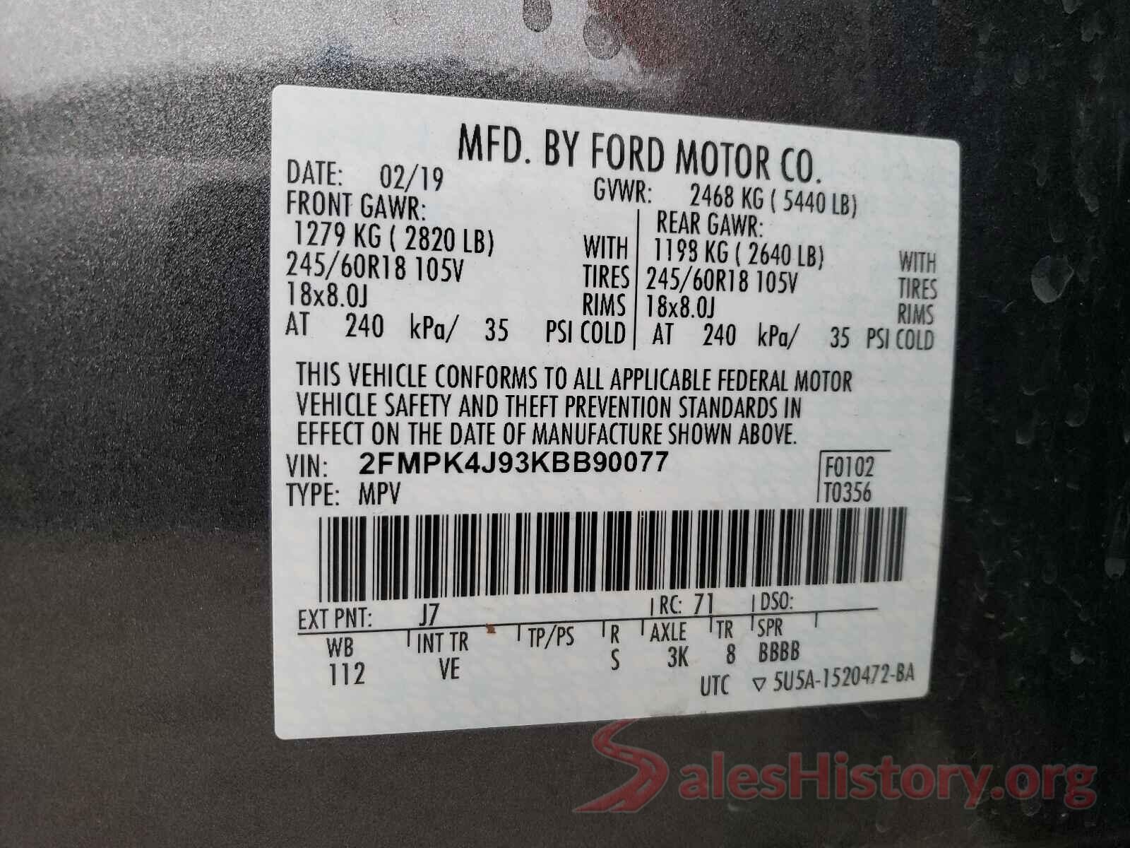 2FMPK4J93KBB90077 2019 FORD EDGE